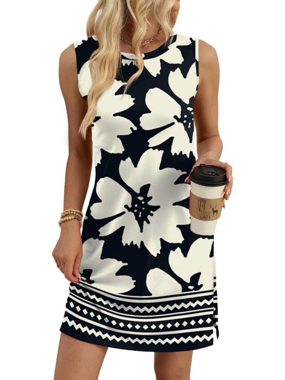 Women's Black White Flower Summer Casual Dress Crewneck Sleeveless Tank Dress - Picture 4 of 5
